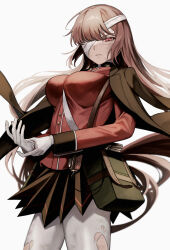 Rule 34 | 1girl, bag, bandage over one eye, between breasts, breasts, coat, coat on shoulders, dirty, fate/grand order, fate (series), florence nightingale (fate), florence nightingale (third ascension) (fate), gloves, highres, large breasts, long hair, pantyhose, pink eyes, pink hair, satchel, strap between breasts, sumi (gfgf 045), torn clothes, torn pantyhose, white background, white gloves, white pantyhose