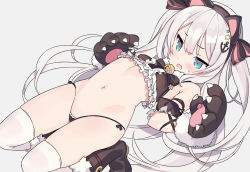 Rule 34 | 1girl, anchor hair ornament, animal ears, animal hands, azur lane, bell, black footwear, black panties, blade (galaxist), blue eyes, boots, cat ears, commentary request, copyright request, fake animal ears, gloves, grey background, hair ornament, hammann (azur lane), hammann (hammanyan pawnch!) (azur lane), jingle bell, long hair, navel, open mouth, panties, paw gloves, silver hair, simple background, solo, stomach, thighhighs, underwear, white background, white thighhighs