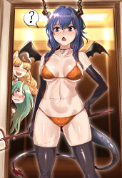Rule 34 | 2girls, ?, animal ears, arknights, bangs, bare shoulders, bikini, black gloves, black headwear, blonde hair, blue eyes, blue hair, blush, breasts, ch&#039;en (arknights), choker, collarbone, commentary request, cowboy shot, dragon horns, dragon tail, elbow gloves, fake wings, gloves, green eyes, green hair, hair between eyes, halloween, highres, holding, holding weapon, horns, hoshiguma (arknights), indoors, large breasts, long hair, moto toshi, multiple girls, navel, orange bikini, polearm, single horn, spoken question mark, standing, stitches, stomach, swimsuit, swire (arknights), tail, thighhighs, thighs, tiger ears, trident, weapon, wings