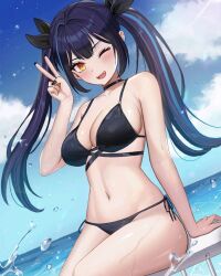 Rule 34 | 1girl, ;d, arm support, bare arms, bare shoulders, bikini, black bikini, black hair, black nails, black ribbon, blue hair, blue sky, blush, breasts, cleavage, cloud, collarbone, commentary, day, hair ribbon, hand up, highres, horizon, large breasts, lilpa, long hair, looking at viewer, multicolored hair, navel, ocean, on railing, one eye closed, open mouth, orange eyes, outdoors, railing, ribbon, side-tie bikini bottom, sideboob, sitting, sky, smile, solo, soyeong, stomach, streaked hair, swimsuit, teeth, upper teeth only, v, virtual youtuber, waktaverse