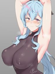 Rule 34 | 1girl, 9rimson, ahoge, arched back, armpits, arms up, black leotard, blue hair, blush, breasts, closed mouth, covered collarbone, covered erect nipples, dated, ganyu (genshin impact), genshin impact, goat horns, grey background, hair between eyes, half-closed eyes, highres, horns, impossible clothes, lactation, lactation through clothes, large areolae, large breasts, leotard, long hair, looking at viewer, multicolored hair, pink hair, puffy nipples, purple eyes, seductive gaze, seductive smile, shiny skin, sidelocks, signature, simple background, sleeveless, smile, solo, steaming body, streaked hair, sweatdrop