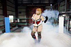 Rule 34 | 1girl, arena, blonde hair, boxing ring, breasts, chouzuki maryou, cleavage, cosplay, eyepatch, fingerless gloves, gloves, large breasts, mistress spencer, mistress spencer (cosplay), photo (medium), rumble roses, rumble roses xx, solo