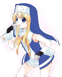 Rule 34 | 1boy, arc system works, bad id, bad pixiv id, black gloves, blonde hair, blue eyes, bridget (guilty gear), contrapposto, cowboy shot, dress, fingerless gloves, gloves, guilty gear, guilty gear xx, long hair, looking at viewer, male focus, open mouth, robe, sidelocks, simple background, solo, standing, trap, usashiro mani, veil, very long hair, white background, white dress