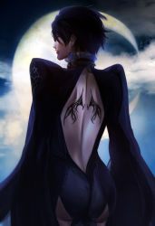 Rule 34 | 1girl, alternate hair length, alternate hairstyle, ass, back cutout, back tattoo, backless outfit, bayonetta, bayonetta, bayonetta (series), bayonetta 2, black hair, bodysuit, clothing cutout, crescent moon, earrings, glasses, jewelry, lips, lipstick, makeup, miyukiko, mole, mole under mouth, moon, short hair, solo, tattoo, wide sleeves