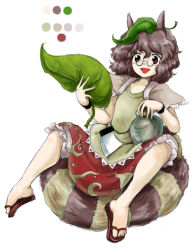 Rule 34 | 1girl, :d, animal ears, brown hair, color guide, full body, futatsuiwa mamizou, glasses, huyusilver, leaf, leaf on head, official style, open mouth, raccoon ears, raccoon tail, red eyes, short hair, simple background, skirt, smile, solo, tail, touhou, white background, zun (style)