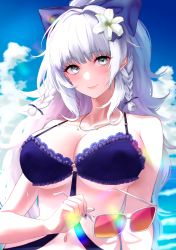 Rule 34 | 1girl, arm at side, azur lane, bad id, bad pixiv id, bare shoulders, bikini, blue bikini, blue nails, bow, braid, breasts, cleavage, closed mouth, cloud, cloudy sky, collarbone, covered erect nipples, unworn eyewear, flower, frilled bikini, frills, grey eyes, hair bow, hair flower, hair ornament, highres, jewelry, lace, lace-trimmed bikini, lace trim, large breasts, lens flare, lips, long hair, looking at viewer, looking away, nail polish, navel, necklace, neconel, o-ring, o-ring bikini, o-ring top, ocean, official alternate costume, sidelocks, silver hair, sky, smile, solo, strap gap, sunglasses, swimsuit, texture, underboob, upper body, vittorio veneto (azur lane), vittorio veneto (the flower of la spezia) (azur lane), water, wet