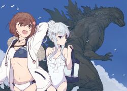 Rule 34 | 2girls, alternate breast size, bikini, blue eyes, blue sky, breasts, brown eyes, brown hair, casual one-piece swimsuit, cloud, commentary request, cowboy shot, crossover, day, dinosaur, flower, frilled one-piece swimsuit, frills, godzilla, godzilla (minus one), godzilla (series), godzilla minus one, hair flower, hair ornament, hibiki (kancolle), highres, hood, hooded jacket, jacket, kaijuu, kantai collection, long hair, minosu, multiple girls, one-piece swimsuit, outdoors, ponytail, sea monster, short hair, sky, small breasts, smile, swimsuit, toho, two-tone bikini, white hair, white jacket, white one-piece swimsuit, yukikaze (kancolle)