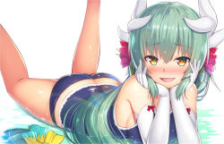Rule 34 | 1girl, aqua hair, arm support, ass, bikini, blush, breasts, butt crack, commentary request, elbow gloves, fate/grand order, fate (series), gloves, horns, kiyohime (fate), kiyohime (swimsuit lancer) (second ascension) (fate), kouzuki tsubasa (musou kaidou), large breasts, legs up, long hair, looking at viewer, lying, on stomach, open mouth, smile, solo, swimsuit, water, yellow eyes