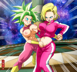 Rule 34 | 2girls, android 18, blonde hair, blue eyes, blush, grabbing another&#039;s breast, breasts squeezed together, breasts, cameltoe, clothes lift, dragon ball, dragon ball super, fusion, grabbing, green hair, groping, kefla (dragon ball), large breasts, multiple girls, nipples, saiyan, shirt lift, tagme, yamamoto doujin