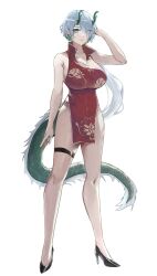 Rule 34 | 05ghxsu, 1girl, alternate costume, black footwear, blue eyes, breasts, brid (nikke), china dress, chinese clothes, cleavage, closed mouth, dragon horns, dragon tail, dress, frown, full body, goddess of victory: nikke, green hair, grey hair, high heels, highres, horns, large breasts, long hair, looking at viewer, low-tied long hair, multicolored hair, pelvic curtain, red dress, simple background, solo, standing, tail, thigh strap, third-party source, two-tone hair, white background