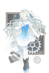 Rule 34 | 1girl, absurdres, antique phone, black footwear, blue dress, blue eyes, blue flower, blue hair, boots, commentary, crystal, dress, floating hair, flower, full body, full moon, gears, gem, gradient dress, grey eyes, hair flower, hair ornament, hair over one eye, hand on own chest, hand up, high collar, highres, isekai joucho, juliet sleeves, kamitsubaki studio, long hair, long sleeves, looking at viewer, moon, multicolored eyes, multicolored hair, o-ring, open mouth, pantyhose, phone, picture frame, puffy sleeves, rotary phone, serious, short dress, shrug (clothing), shu que zhi wu yuan, simple background, solo, spotlight, standing, streaked hair, very long hair, virtual youtuber, wavy hair, white background, white dress, white hair, white pantyhose, white sleeves, wide sleeves