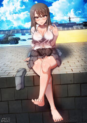 Rule 34 | 1girl, barefoot, blush, breasts, brown eyes, brown hair, cleavage, collarbone, crossed legs, feet, girls und panzer, glasses, highres, keizoku military uniform, large breasts, long hair, looking at viewer, megadeko, mika (girls und panzer), military, military uniform, miniskirt, no bra, open mouth, outdoors, skirt, smile, solo, toes, uniform