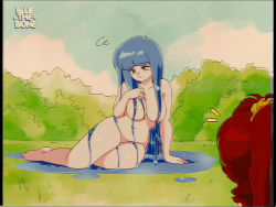 Rule 34 | 2girls, arm support, artist name, beula the bigfoot, blue hair, bluethebone, blunt bangs, borrowed character, breasts, brown hair, bush, closed mouth, commentary, completely nude, day, english commentary, grass, kelda (akairiot), large breasts, liquid hair, looking away, multiple girls, navel, notice lines, nude, original, out of frame, outdoors, puddle, retro artstyle, sad, sitting, squiggle, vhs artifacts, yokozuwari