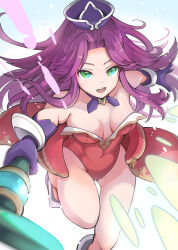 Rule 34 | 1girl, absurdres, angela (seiken densetsu 3), bare shoulders, boots, breasts, collarbone, covered navel, crown, female focus, gloves, gluteal fold, gradient background, green eyes, hair intakes, hatoboshi, highres, holding, holding staff, jewelry, leotard, long hair, looking at viewer, medium breasts, necklace, open mouth, parted bangs, purple gloves, purple hair, red leotard, seiken densetsu, seiken densetsu 3, sidelocks, smile, solo, square enix, staff, swept bangs, teeth, thighs, upper teeth only, very long hair