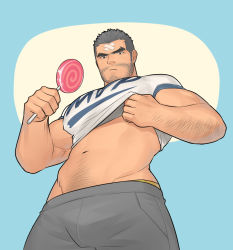 Rule 34 | 1boy, arm hair, bandaid, bandaid on face, bandaid on forehead, bara, beard, bulge, candy, character request, check character, clothes lift, cosplay request, covered erect nipples, facial hair, food, from below, frown, grey pants, hunterkay, large pectorals, league of legends, lifted by self, lollipop, long sideburns, looking at viewer, male focus, mature male, midriff peek, muscular, muscular male, navel, navel hair, original, pants, pectorals, pout, shirt, shirt lift, short hair, sideburns, stomach, stubble, white shirt