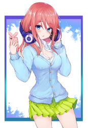 Rule 34 | 1girl, absurdres, blue cardigan, blue eyes, blush, breasts, buttons, cardigan, cellphone, chestnut mouth, cleavage, collarbone, collared shirt, commentary request, cowboy shot, go-toubun no hanayome, green skirt, hair between eyes, hands up, headphones, highres, holding, holding headphones, holding phone, large breasts, lebring, long hair, looking at viewer, miniskirt, nakano miku, parted lips, phone, pleated skirt, red hair, school uniform, shirt, sidelocks, skirt, solo, standing, thighs, undershirt, white shirt