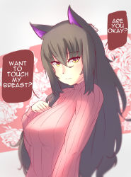 Rule 34 | 1girl, absurdres, alternate costume, animal ears, arm at side, black hair, blake belladonna, blush, breast suppress, breasts, cat ears, closed mouth, daijoubu? oppai momu?, english text, engrish text, eyebrows, floral background, flower, hair between eyes, highres, large breasts, long hair, long sleeves, looking at viewer, ranguage, ribbed sweater, rose, rwby, signature, smile, solo, speech bubble, sweater, upper body, yellow eyes, z666ful
