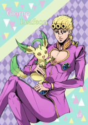 Rule 34 | ahoge, argyle, argyle background, argyle clothes, blonde hair, bug, cleavage cutout, clothing cutout, clover, club (shape), creatures (company), diamond (shape), earrings, game freak, gen 4 pokemon, giorno giovanna, heart, huge ahoge, insect, jacket, jewelry, jojo no kimyou na bouken, ladybug, leafeon, nintendo, pants, pectoral cleavage, pectorals, pink jacket, pink pants, pokemon, pokemon (creature), spade, stud earrings, tail, triangle, wings