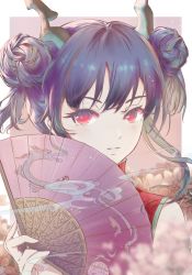 Rule 34 | 1girl, arknights, bare shoulders, blue hair, ch&#039;en (ageless afterglow) (arknights), ch&#039;en (arknights), chinese commentary, commentary request, double bun, dragon horns, dress, folding fan, hair bun, hand fan, highres, holding, holding fan, horns, long hair, looking at viewer, red dress, red eyes, sleeveless, sleeveless dress, solo, upper body, ya (witchroy)