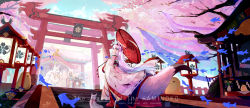 Rule 34 | 3girls, absurdres, alternate costume, alternate hairstyle, amagi-chan (azur lane), animal ears, azur lane, bell, bird, blue eyes, blunt bangs, blurry, brown hair, character name, cherry blossoms, chick, commentary request, depth of field, english text, fish, fox, fox ears, fox girl, fox tail, from behind, hair between eyes, highres, holding, holding umbrella, japanese clothes, kawakaze (azur lane), kitsune, kyuubi, liwendala, long hair, long sleeves, looking at viewer, looking back, manjuu (azur lane), multiple girls, multiple tails, nagato (azur lane), nagato (guardian fox&#039;s shining furisode) (azur lane), oil-paper umbrella, petals, ponytail, rope, shimenawa, shrine, sidelocks, stone lantern, tail, torii, twintails, umbrella, white hair, wide sleeves, wind