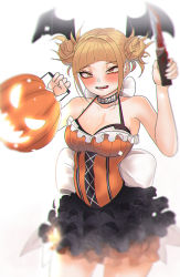 Rule 34 | 1girl, bare shoulders, blonde hair, blunt bangs, blush, boku no hero academia, breasts, cleavage, double bun, fangs, frilled skirt, frills, hair bun, halloween, halloween bucket, highres, holding, holding knife, jack-o&#039;-lantern, knife, looking at viewer, medium breasts, open mouth, skirt, smile, solo, toga himiko, white background, yellow eyes, zd (pixiv6210083)