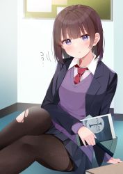 Rule 34 | 1girl, absurdres, akagikou, black jacket, black pantyhose, black skirt, blazer, blush, brown hair, commentary request, highres, indoors, jacket, long sleeves, on floor, open clothes, open jacket, original, pantyhose, parted lips, pleated skirt, purple eyes, purple sweater, school uniform, skirt, sleeves past wrists, solo, sweater, thighband pantyhose, torn clothes, torn pantyhose, translation request