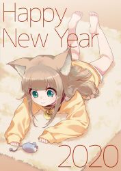 Rule 34 | 1girl, 2020, 40hara, :3, animal collar, animal ear fluff, animal ears, barefoot, blonde hair, blunt bangs, cat ears, collar, commentary request, green eyes, happy new year, highres, kinako (40hara), long hair, lying, new year, on stomach, original, red collar, smile, solo, toy mouse