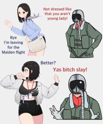 Rule 34 | 1girl, 1other, aircraft, airplane, atamonica, bag, black eyes, black hair, blush, breasts, character name, cleavage, commentary, english commentary, english text, fighter jet, gloves, jet, kf-21 boramae, large breasts, long sleeves, meme, midriff, military, military vehicle, original, personification, pilot helmet, pilot suit, short hair, tote bag, yas bitch slay (meme)