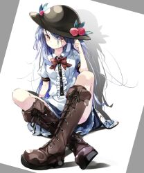 Rule 34 | 1girl, black hat, blue hair, blue skirt, boots, bow, bowtie, brown footwear, center frills, closed mouth, cross-laced clothes, food, frills, fruit, full body, gorilla (bun0615), hat, highres, hinanawi tenshi, knees up, leaf, long hair, looking at viewer, peach, red bow, red bowtie, red eyes, shirt, short sleeves, sitting, skirt, smile, solo, touhou, white shirt