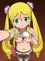 Rule 34 | 1girl, aboido (avoidable), bandai namco, belt, blush, blush stickers, breasts, closed mouth, clothes lift, green eyes, heybot!, highres, holding, kasrina, long twintails, looking at viewer, midriff, navel, nipples, screw, selfie, shiny skin, shirt, shirt lift, short sleeves, shorts, small breasts, smile, solo, standing, twintails