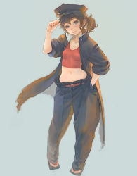 Rule 34 | 1girl, adjusting clothes, adjusting headwear, baggy pants, banchou, belt, blue eyes, blush, breasts, brown hair, cabbie hat, crossdressing, delinquent, gakuran, hand in pocket, hat, midriff, navel, original, pants, ponytail, sandals, school uniform, sleeves rolled up, small breasts, solo, tank top, weno