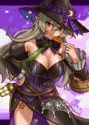 Rule 34 | 1girl, absurdres, bare shoulders, breasts, candy, cleavage, commission, corrin (female) (fire emblem), corrin (fire emblem), detached collar, detached sleeves, dress, fire emblem, fire emblem fates, fire emblem heroes, food, grey hair, hat, highres, holding, holding candy, holding food, holding lollipop, large breasts, lollipop, long hair, looking at viewer, nintendo, official alternate costume, oniisan02b, pointy ears, purple background, red eyes, side slit, skeb commission, smile, solo, strapless, strapless dress, wavy hair, witch hat