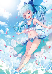 Rule 34 | 1girl, :d, bare arms, bare legs, bikini, blue bikini, blue bow, blue eyes, blue hair, blue theme, bow, cloud, collarbone, flower knight girl, full body, glint, hair bow, kusumoto miya, long hair, looking at viewer, navel, nerine (flower knight girl), ocean, open mouth, outstretched arms, petals, ponytail, sky, smile, solo, spread arms, standing, swimsuit, water
