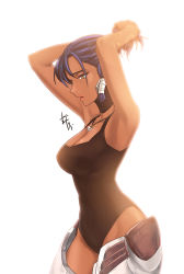 Rule 34 | 1girl, adjusting hair, armor, arms up, backlighting, bad id, bad pixiv id, blue hair, breasts, brown eyes, cleavage, cowboy shot, dark-skinned female, dark skin, detached sleeves, facial mark, facial tattoo, from side, glint, groin, jewelry, lens flare, leotard, necklace, overwatch, overwatch 1, parted lips, pendant, pharah (overwatch), ponytail, red lips, sidelocks, simple background, solo, sung-kyung, tattoo, tying hair, white background, yellow eyes