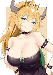 Rule 34 | 1girl, armlet, bare shoulders, black collar, black dress, blonde hair, bowsette, bracelet, breasts, cleavage, collar, crown, dress, eyes visible through hair, fang, fang out, hair between eyes, half-closed eyes, hands on own hips, highres, horns, huge breasts, jewelry, looking at viewer, mario (series), new super mario bros. u deluxe, nintendo, ponytail, sidelocks, sky-freedom, smile, solo, spiked armlet, spiked bracelet, spiked collar, spiked shell, spikes, strapless, strapless dress, super crown, turtle shell, upper body