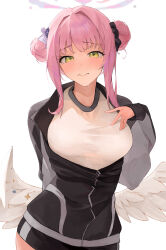 Rule 34 | 1girl, absurdres, black shorts, blue archive, blush, breasts, double bun, feathered wings, gym uniform, hair bun, halo, highres, inakanoinonaka, jacket, large breasts, looking at viewer, mika (blue archive), partially unzipped, pink hair, shorts, sidelocks, simple background, solo, sweatdrop, track jacket, upper body, white background, white wings, wings, yellow eyes