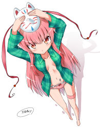 Rule 34 | 1girl, arms up, barefoot, blush, bow, bow panties, closed mouth, commentary request, expressionless, foreshortening, fox mask, from above, full body, hata no kokoro, highres, jacket, long hair, long sleeves, looking at viewer, mask, mask on head, mouth mask, navel, no bra, open clothes, open jacket, open shirt, panties, pink eyes, pink hair, plaid, sanagi (diohazard), shadow, shirt, simple background, skirt, solo, standing, string, thigh strap, touhou, underwear, very long hair, white background