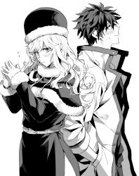 Rule 34 | 1boy, 1girl, blush, coat, fairy tail, flying sweatdrops, funa2001, fur-trimmed coat, fur-trimmed headwear, fur trim, gray fullbuster, greyscale, hand in pocket, hands up, highres, juvia lockser, long hair, long sleeves, monochrome, own hands together, short hair, sideways glance, simple background, white background