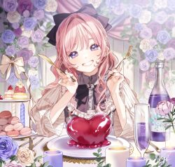 Rule 34 | 1girl, alcohol, black nails, blue eyes, blue flower, blue rose, blush, booota, bow, bowtie, brooch, cake, champagne, champagne bottle, collar, commentary, cup, dining room, drinking glass, flower, food, fork, grin, hair intakes, hair ribbon, heart, heart brooch, highres, holding, holding fork, holding knife, jewelry, knife, leaf, looking at viewer, macaron, nail polish, original, pink hair, purple flower, purple rose, ribbon, rose, smile, solo, striped sleeves, swept bangs, symbol-only commentary, tiered tray, tulip, white flower, white rose, white sleeves, wine glass