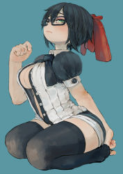 Rule 34 | 1girl, arched back, black hair, blue background, bow, breasts, buttons, cleavage, ebimomo, full body, glasses, green eyes, hair bow, large bow, large breasts, looking at viewer, nanikaleid, nanikaleid (nanikaleid), nanikeleid, neck ribbon, open clothes, open shirt, puffy short sleeves, puffy sleeves, ribbon, seiza, shirt, short hair, short shorts, short sleeves, shorts, sitting, solo, thighhighs, unbuttoned