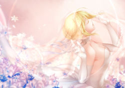 Rule 34 | 1girl, ahoge, arkray, artoria pendragon (fate), bad id, bad pixiv id, bare shoulders, blonde hair, bridal veil, choker, dress, elbow gloves, closed eyes, fate/stay night, fate (series), flower, from side, gloves, revision, saber (fate), solo, veil, wedding dress