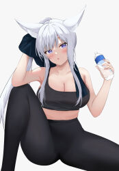 Rule 34 | alternate costume, alternate hairstyle, animal ear fluff, animal ears, azur lane, blush, bottle, breasts, cleavage, cleft of venus, fox ears, hair between eyes, head tilt, highres, holding, holding towel, large breasts, neruki (ntme), pants, parted lips, ponytail, purple eyes, shinano (azur lane), sideboob, sports bra, spread legs, sweat, sweatdrop, sweatpants, towel, water bottle, white hair