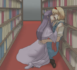 Rule 34 | 2girls, against wall, alice margatroid, bad id, bad pixiv id, blonde hair, blush, book, bookshelf, boots, dress, closed eyes, female focus, hairband, hallway, hands on another&#039;s shoulders, indoors, kiss, kneeling, library, long hair, multiple girls, patchouli knowledge, purple hair, short hair, sitting, sweat, torinone, touhou, yuri