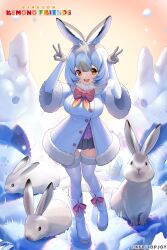 Rule 34 | 1girl, animal, animal ears, boots, bow, bowtie, coat, copyright name, elbow gloves, extra ears, gloves, highres, kemono friends, kemono friends kingdom, looking at viewer, mountain hare (kemono friends), official art, outdoors, rabbit, rabbit ears, rabbit girl, red eyes, short hair, skirt, snow, snowman, thighhighs, white hair