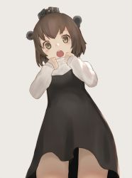 Rule 34 | 1girl, :o, bad id, bad twitter id, black dress, blush, brown eyes, brown hair, commentary request, dress, from below, grey background, grey sweater, headgear, kantai collection, km yama, long sleeves, looking at viewer, looking down, round teeth, short dress, simple background, solo, speaking tube headset, sweater, teeth, yukikaze (kancolle)