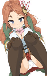 Rule 34 | 10s, 1girl, blue eyes, blush, breasts, brown gloves, brown hair, brown thighhighs, carren (granblue fantasy), cleavage, cleavage cutout, clothing cutout, female focus, gloves, granblue fantasy, hair ornament, heart, heart-shaped pupils, karen (granblue fantasy), large breasts, long hair, looking at viewer, momio, panties, pantyshot, simple background, skirt, smile, solo, squatting, symbol-shaped pupils, thighhighs, tsurime, underwear, white panties