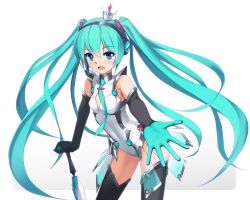 Rule 34 | 1girl, aqua eyes, aqua hair, boots, closed umbrella, cowboy shot, elbow gloves, flat chest, gloves, goodsmile racing, hatsune miku, headset, leotard, long hair, necktie, open mouth, planted, planted umbrella, race queen, racing miku, racing miku (2013), shimamura, solo, thigh boots, thighhighs, twintails, umbrella, very long hair, vocaloid, white background
