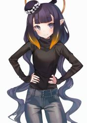 Rule 34 | 1girl, alternate costume, black hair, black sweater, blunt bangs, commentary, cowboy shot, curly hair, denim, halo, hands on own hips, hat, highres, hololive, hololive english, jeans, long hair, looking at viewer, mole, mole under eye, nerutora, ninomae ina&#039;nis, pants, pointy ears, purple eyes, simple background, sleeves past wrists, smile, solo, sweater, tilted headwear, turtleneck, turtleneck sweater, very long hair, virtual youtuber, white background