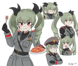 Rule 34 | 1girl, :t, anchovy (girls und panzer), anzio (emblem), belt, benito mussolini, benito mussolini (cosplay), black belt, black cat03, black gloves, commentary, commission, cosplay, crossed arms, decorations, eating, emblem, english commentary, extra faces, food, fork, girls und panzer, glasses, gloves, green hair, hair tie, happy, hat, holding, holding fork, holding riding crop, holding whip, multiple views, necktie, pasta, pointing, red eyes, riding crop, serious, short twintails, smile, spaghetti, teeth, twintails, uniform, whip