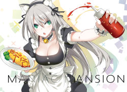 Rule 34 | 1girl, animal ears, blush, breasts, cat ears, cleavage, food, green eyes, hair ornament, hair ribbon, highres, ketchup, large breasts, long hair, maid, neck bell, omelet, omurice, open mouth, original, ress, ribbon, silver hair, very long hair